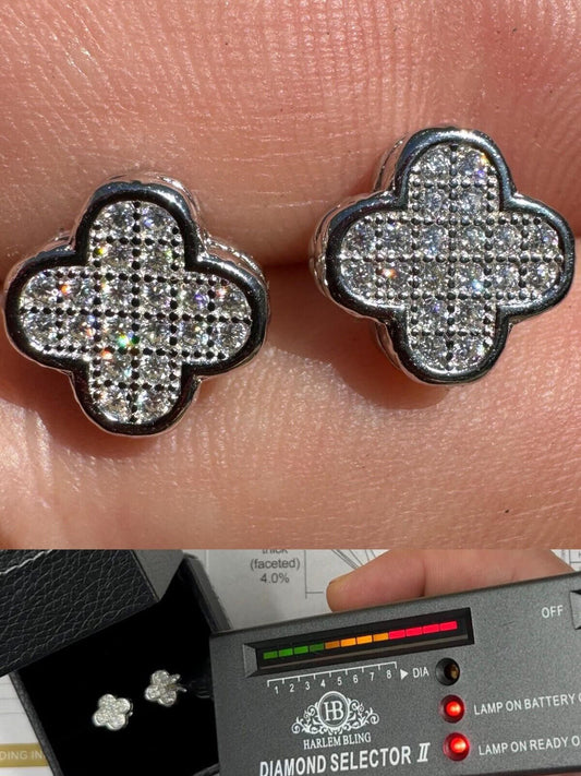 HarlemBling MOISSANITE Earrings Clover 10mm Real 925 Silver Iced Large Mens Ladies Studs