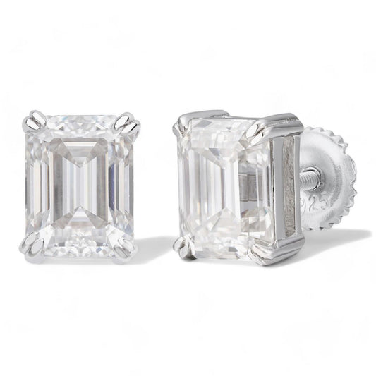 HarlemBling MOISSANITE Emerald Cut Square Solitaire Stud Earrings - 925 Silver - 6x8mm - 4ct