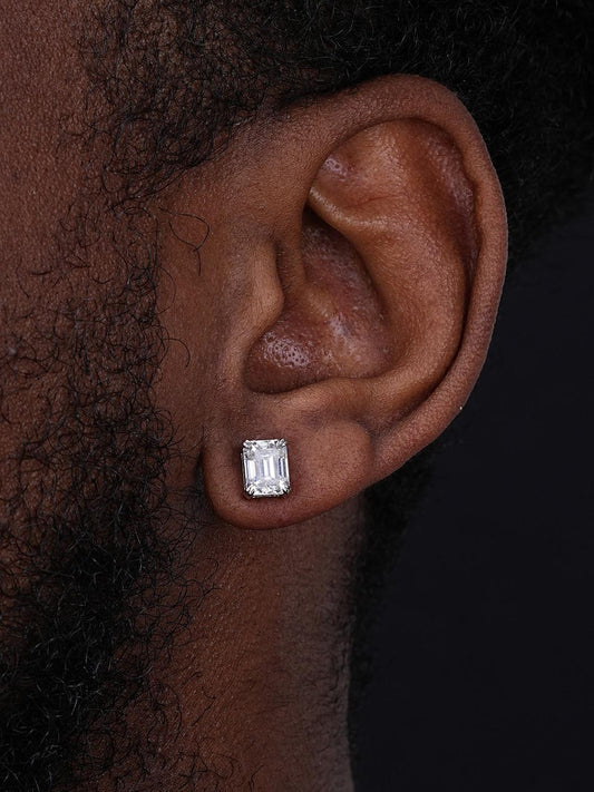 HarlemBling MOISSANITE Emerald Cut Square Solitaire Stud Earrings - 925 Silver - 6x8mm - 4ct