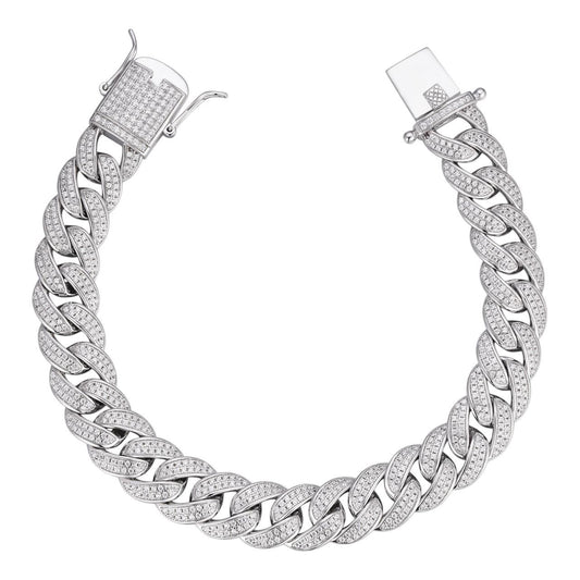 HarlemBling MOISSANITE Flat Miami Cuban Link Bracelet Iced Out - 925 Silver - 12mm - 7-8.5"