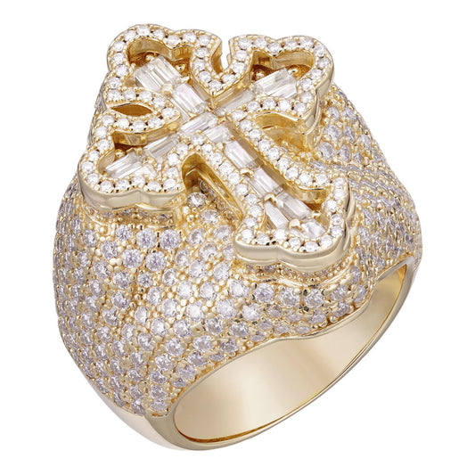 HarlemBling MOISSANITE Gothic Tupac Cross Baguette Iced Out Ring - 14k Gold Vermeil 925 Silver
