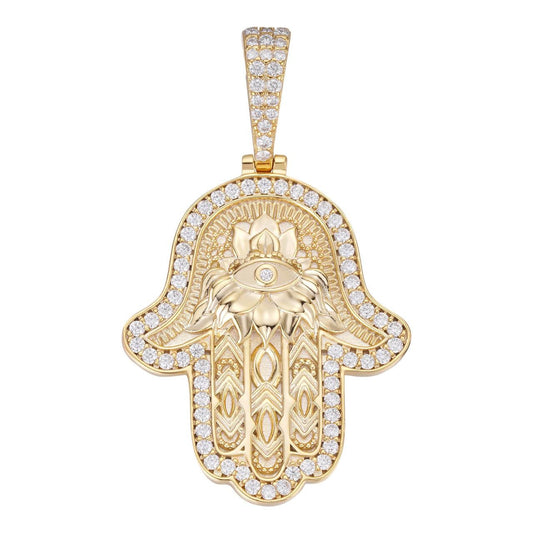 HarlemBling MOISSANITE Hamsa Evil Eye Hand Pendant - 14k Gold Vermeil 925 Silver - 3 Sizes 1.25"-2.75"