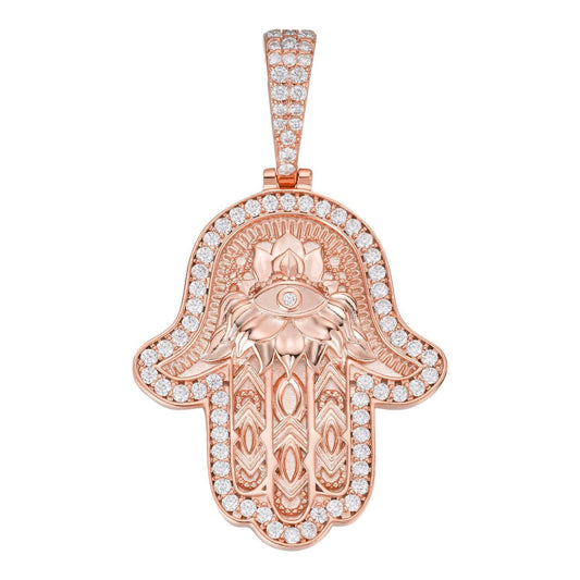 HarlemBling MOISSANITE Hamsa Evil Eye Hand Pendant - 14k Rose Gold Vermeil 925 Silver - 3 Sizes 1.25"-2.75"