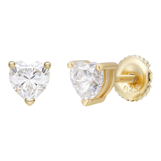 HarlemBling MOISSANITE Heart Shape Solitaire Stud Earrings - 14k Gold Vermeil 925 Silver - 3mm-7mm - 0.2-2.4ct