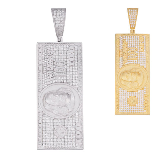 HarlemBling MOISSANITE Hip Hop $100 Dollar Bill Pendant - 14k Gold Vermeil Or 925 Silver - Large 3"