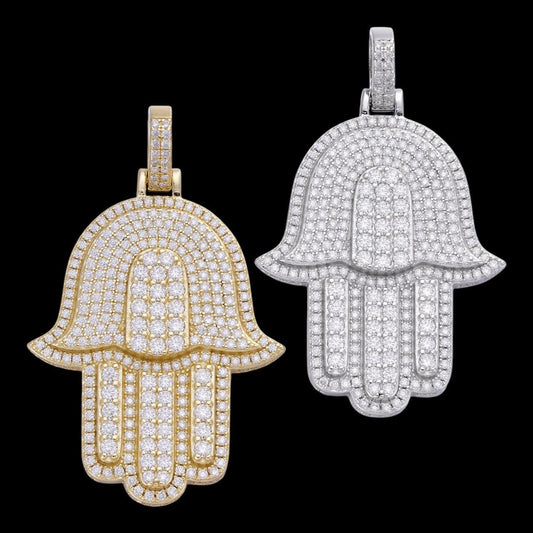HarlemBling MOISSANITE Hip Hop Hamsa Hand Pendant - 10k Yellow Or White Gold - Small 1.5"