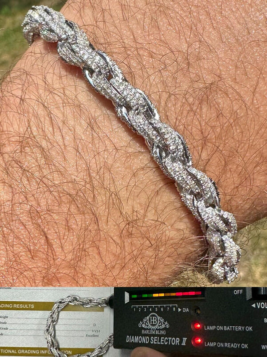 HarlemBling MOISSANITE Hip Hop Rope Bracelet Iced Real Solid 925 Sterling Silver 7.5mm Mens