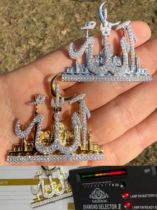 HarlemBling MOISSANITE Holy City Mecca & Allah Pendant - 14k Gold Vermeil or 925 Silver - Medium 2"