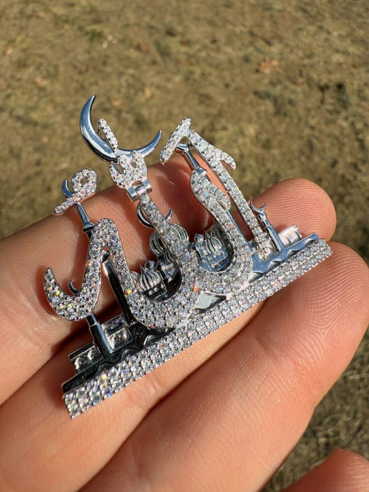HarlemBling MOISSANITE Holy City Mecca & Allah Pendant - 14k Gold Vermeil or 925 Silver - Medium 2"