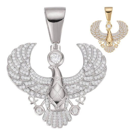 HarlemBling MOISSANITE Horus W. Ankh Pendant - 14k Gold Vermeil Or 925 Silver - Medium 2"