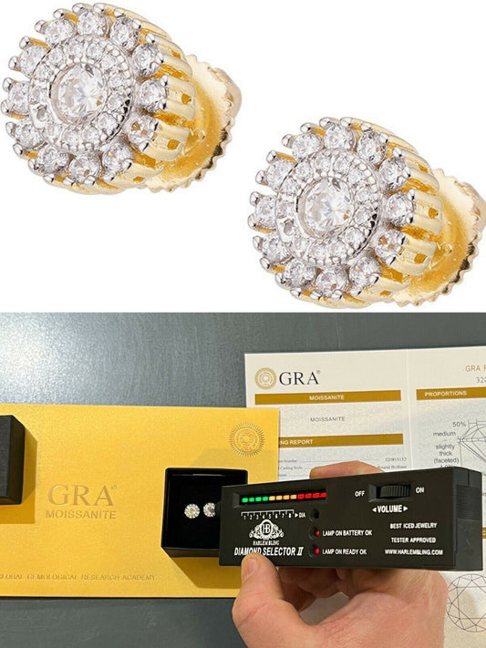 HarlemBling MOISSANITE Iced 14k Gold Vermeil Out 8mm Earrings Round Studs Pass Diamond Test
