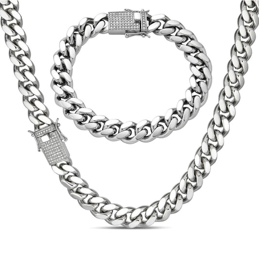 HarlemBling MOISSANITE Iced Clasp Miami Cuban Link Chain Necklace Or Bracelet - 925 Silver - 7"-30" - 12mm
