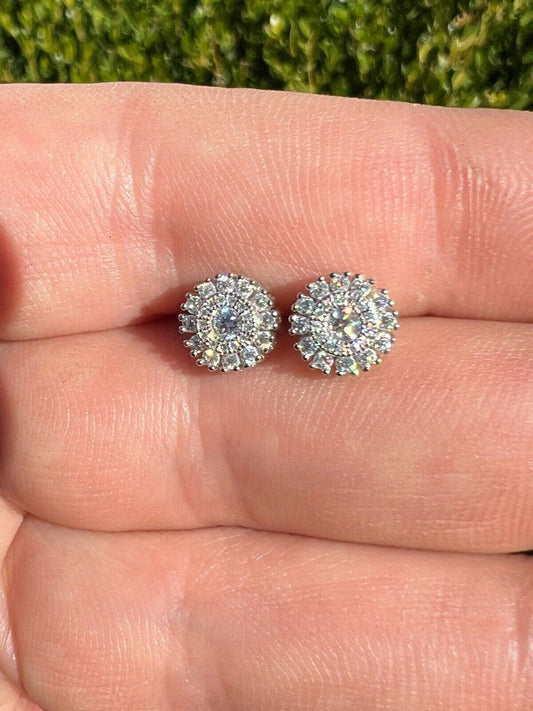 HarlemBling MOISSANITE Iced Hip Hop Out 8mm Earrings Round Cluster Studs Pass Diamond Tester