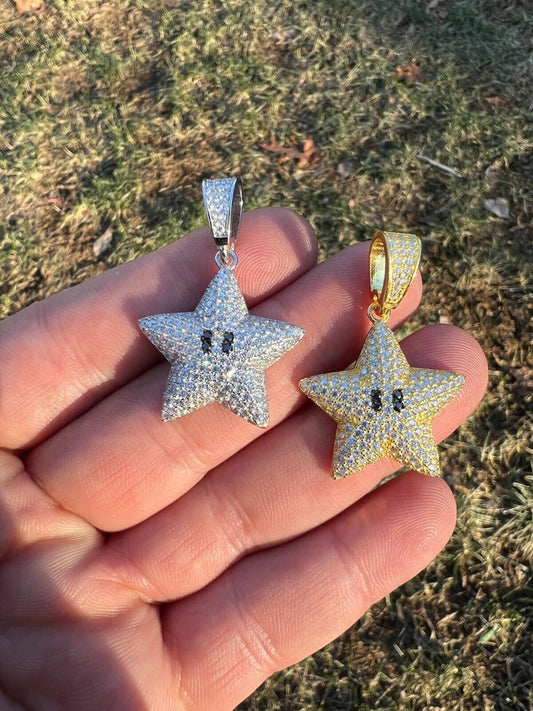 HarlemBling Moissanite Iced Mario Super Star 925 Silver /14k Gold Plated Pendant Necklace