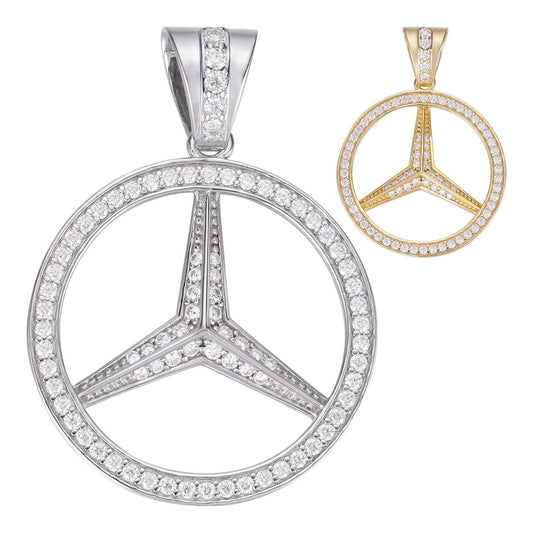 HarlemBling MOISSANITE Iced Mercedes Benz Logo Pendant - 14k Gold Vermeil Or 925 Silver - Small 1.5"