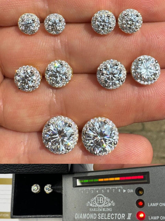 HarlemBling MOISSANITE Iced Out #1 Bestseller Halo Set Stud Earrings - 14k Gold Vermeil 925 Silver - 7mm -12mm