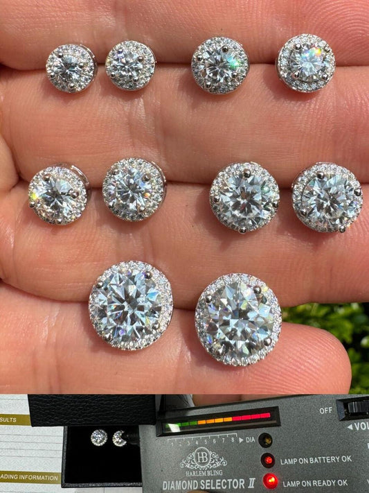 HarlemBling MOISSANITE Iced Out #1 Bestseller Halo Set Stud Earrings - 925 Silver - 7mm -12mm