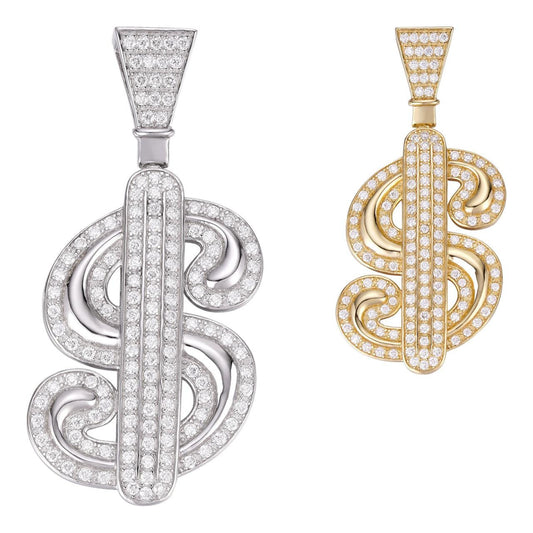 HarlemBling MOISSANITE Iced Out Dollar $ Sign Money Pendant - 14k Gold Vermeil Or 925 Silver - Medium 1.75"