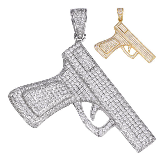 HarlemBling MOISSANITE Iced Out Gun Pistol Pendant - 14k Gold Vermeil Or 925 Silver - Medium 2"
