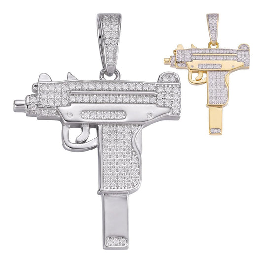 HarlemBling MOISSANITE Iced Out Uzi Gun Pendant - 14k Gold Vermeil Or 925 Silver - Small 1.5"