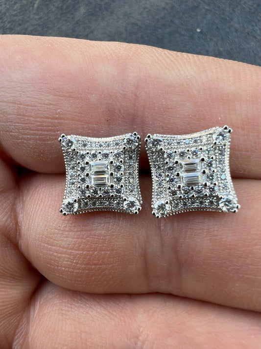 HarlemBling MOISSANITE Iced Silver HipHop Earrings Large Square Kite Baguette Diamond Test 