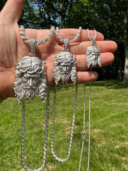 HarlemBling MOISSANITE Jesus Piece Iced Pendant Necklace - Real 925 Sterling Silver -Sandblasted Matte Finish