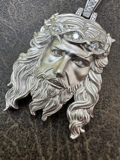 HarlemBling MOISSANITE Jesus Piece Iced Pendant Necklace - Real 925 Sterling Silver -Sandblasted Matte Finish