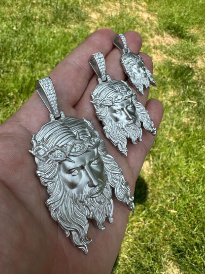 HarlemBling MOISSANITE Jesus Piece Iced Pendant Necklace - Real 925 Sterling Silver -Sandblasted Matte Finish