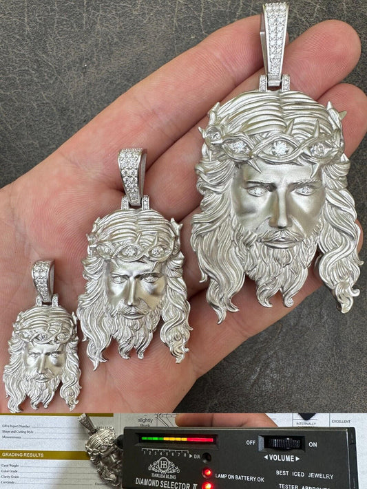 HarlemBling MOISSANITE Jesus Piece Iced Pendant Necklace - Real 925 Sterling Silver -Sandblasted Matte Finish