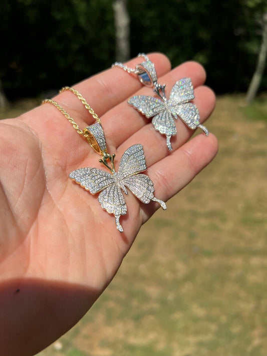 HarlemBling MOISSANITE Large Hip Hop Butterfly Iced Real 925 Silver / Gold Plated Necklace