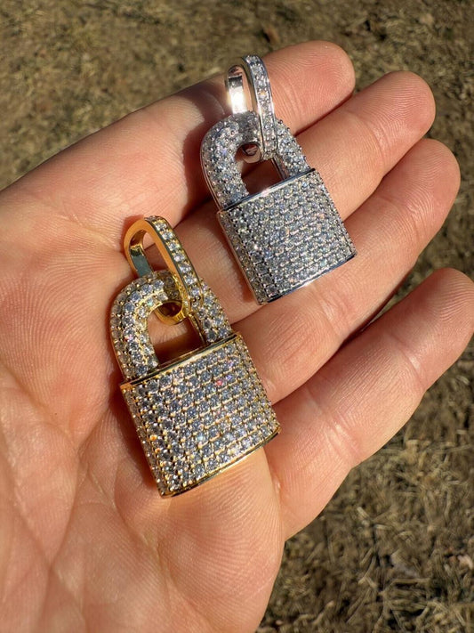 HarlemBling MOISSANITE Love Lock Padlock Pendant - 14k Yellow Gold Vermeil Or 925 Silver - Medium 1.5"