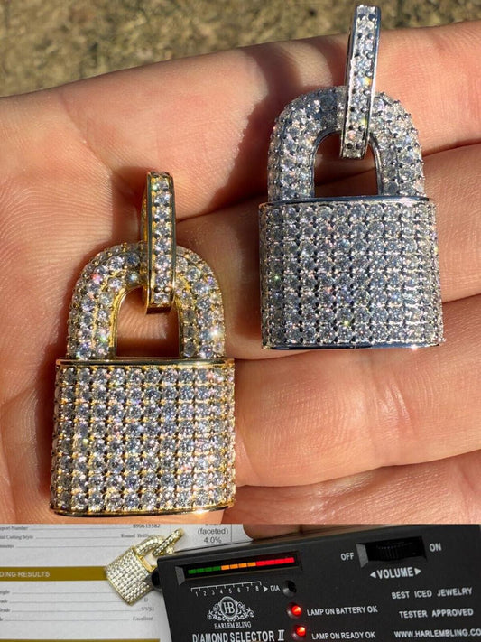 HarlemBling MOISSANITE Love Lock Padlock Pendant - 14k Yellow Gold Vermeil Or 925 Silver - Medium 1.5"