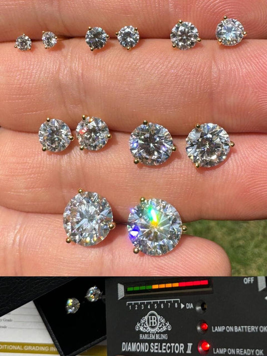 HarlemBling MOISSANITE Martini 3-Prong Solitaire Stud Earrings - 14k Gold Vermeil 925 Silver - 3mm-10mm - 0.2-8ct