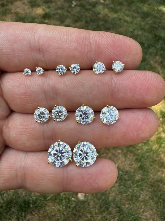 HarlemBling MOISSANITE Martini 3-Prong Solitaire Stud Earrings - 14k Gold Vermeil 925 Silver - 3mm-10mm - 0.2-8ct