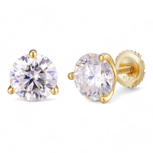 HarlemBling MOISSANITE Martini 3-Prong Solitaire Stud Earrings - 14k Gold Vermeil 925 Silver - 3mm-10mm - 0.2-8ct