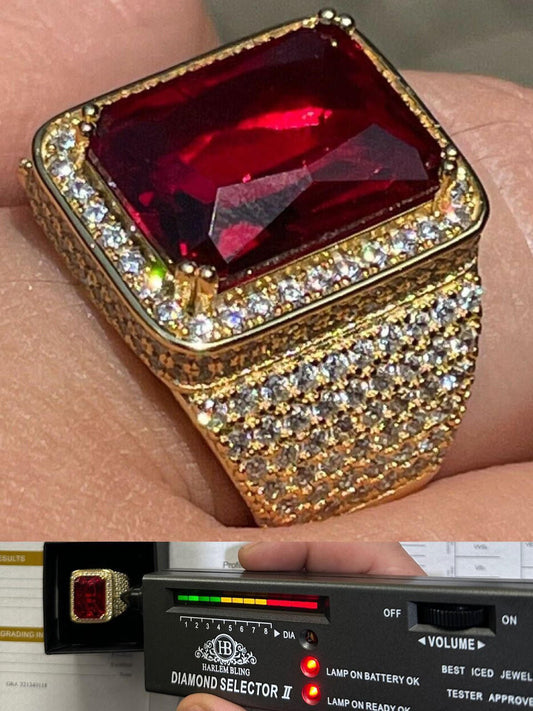 HarlemBling Moissanite Mens Iced 14K Gold Over Real 925 Silver Large Red Stone Hip Hop Ring