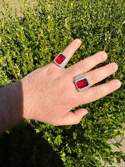 HarlemBling Moissanite Mens Iced Flooded Out Real 925 Sterling Silver Red Stone Hip Hop Ring