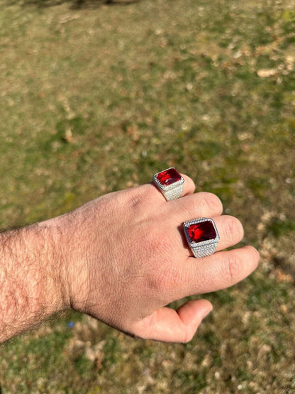 HarlemBling Moissanite Mens Iced Flooded Out Real 925 Sterling Silver Red Stone Hip Hop Ring