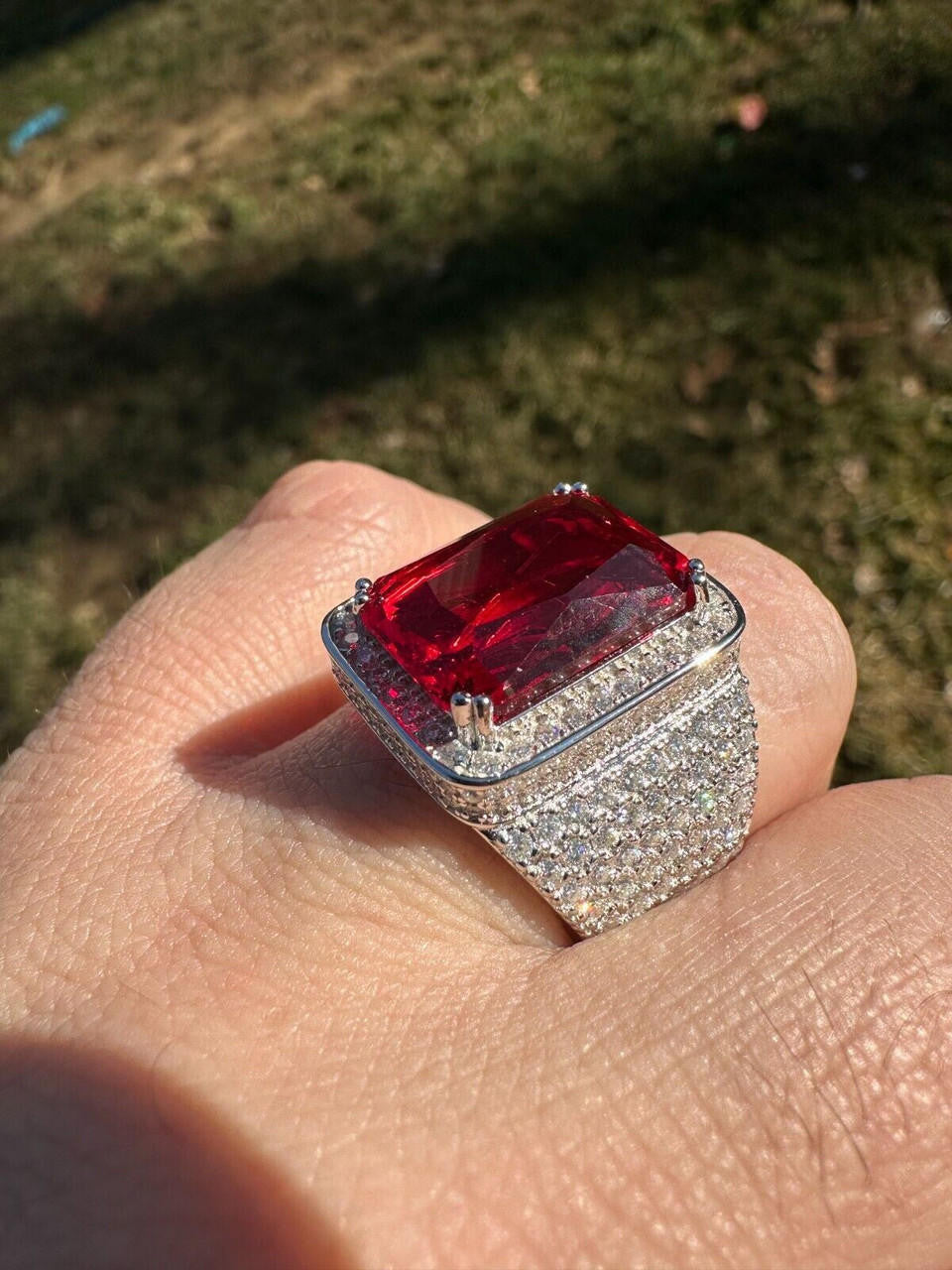 HarlemBling Moissanite Mens Iced Flooded Out Real 925 Sterling Silver Red Stone Hip Hop Ring