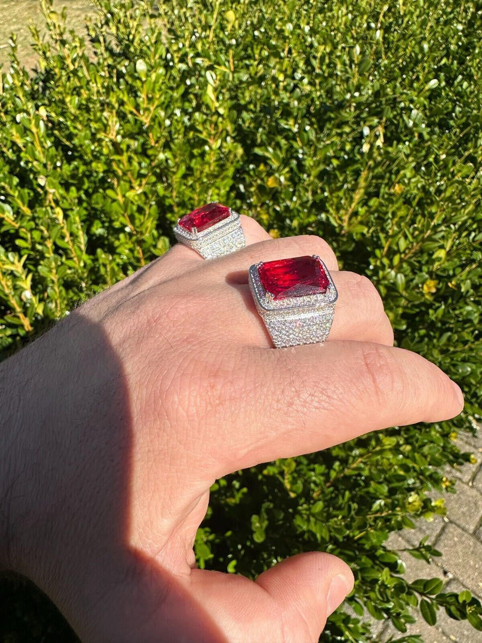 HarlemBling Moissanite Mens Iced Flooded Out Real 925 Sterling Silver Red Stone Hip Hop Ring