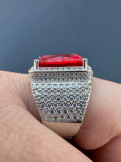 HarlemBling Moissanite Mens Iced Flooded Out Real 925 Sterling Silver Red Stone Hip Hop Ring