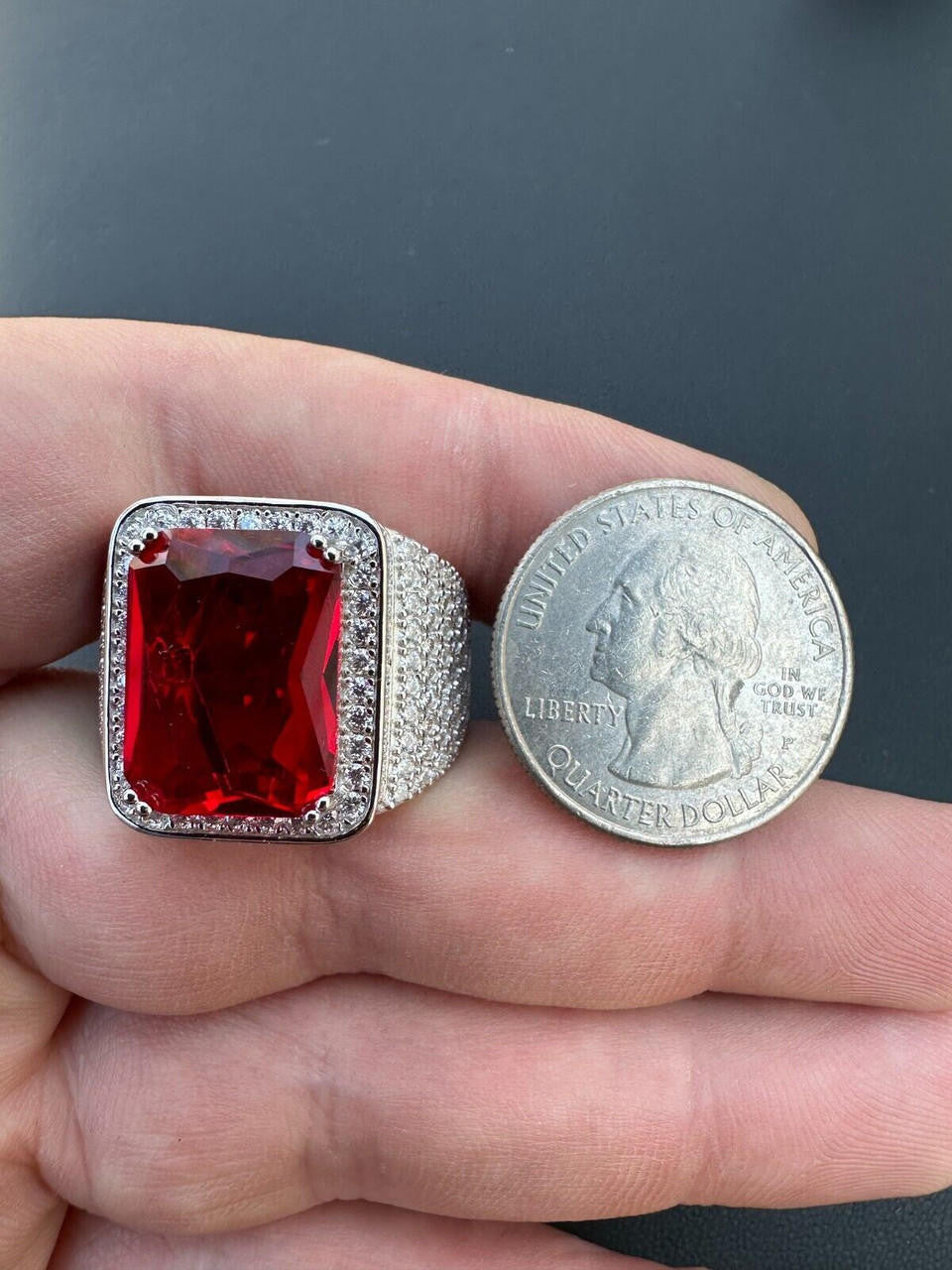 HarlemBling Moissanite Mens Iced Flooded Out Real 925 Sterling Silver Red Stone Hip Hop Ring