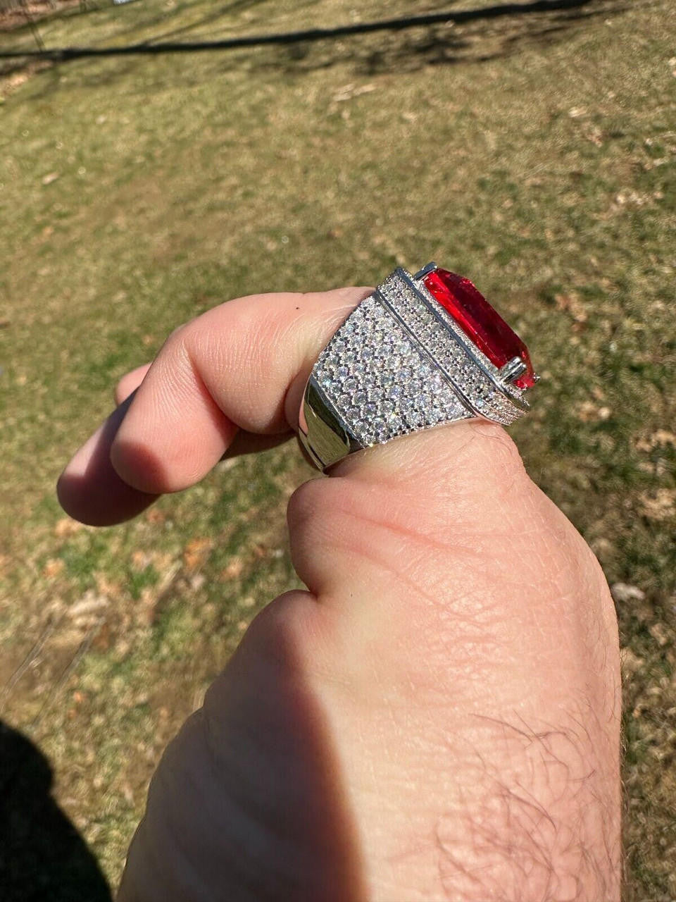 HarlemBling Moissanite Mens Iced Flooded Out Real 925 Sterling Silver Red Stone Hip Hop Ring