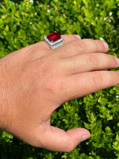 HarlemBling Moissanite Mens Iced Flooded Out Real 925 Sterling Silver Red Stone Hip Hop Ring