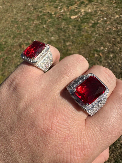 HarlemBling Moissanite Mens Iced Flooded Out Real 925 Sterling Silver Red Stone Hip Hop Ring