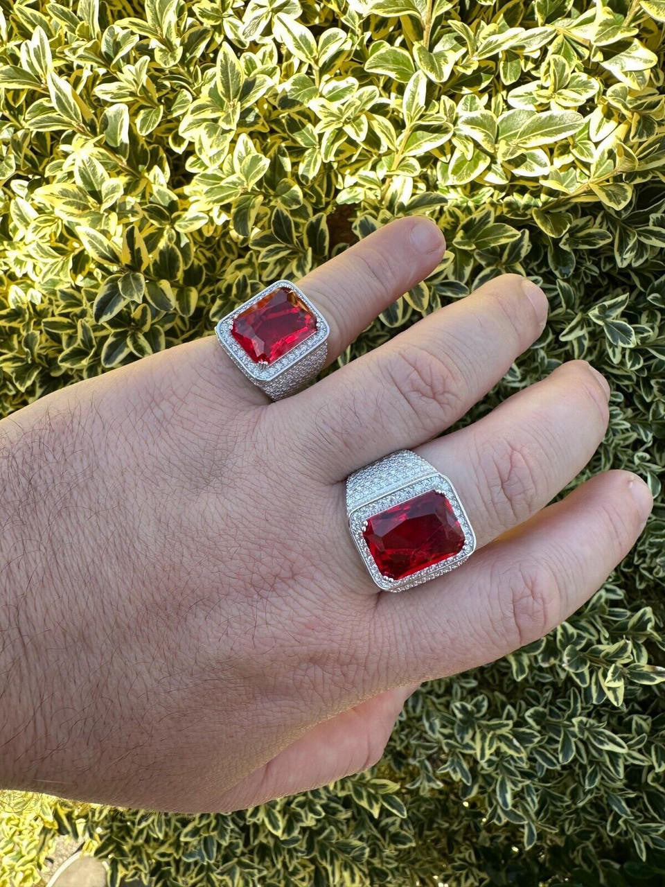 HarlemBling Moissanite Mens Iced Flooded Out Real 925 Sterling Silver Red Stone Hip Hop Ring