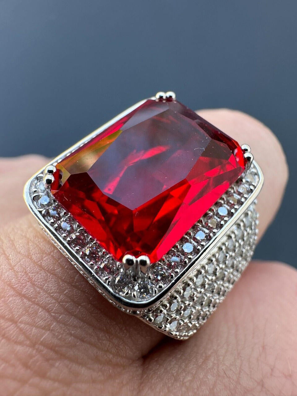 HarlemBling Moissanite Mens Iced Flooded Out Real 925 Sterling Silver Red Stone Hip Hop Ring