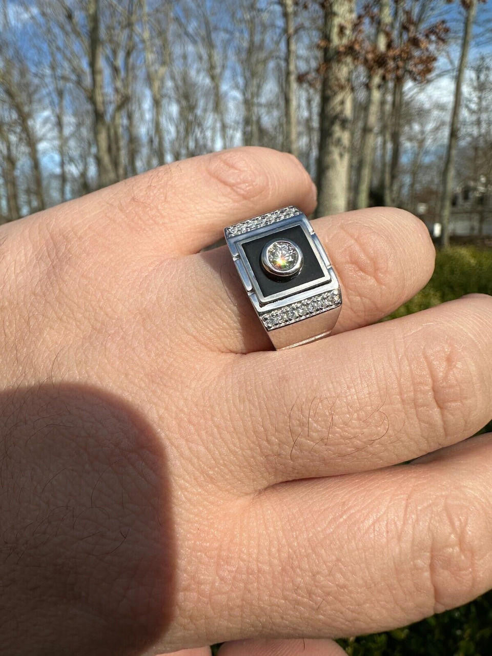 HarlemBling Moissanite Men's Real 925 Silver Iced Black Onyx Stone Ring Pass Diamond Tester