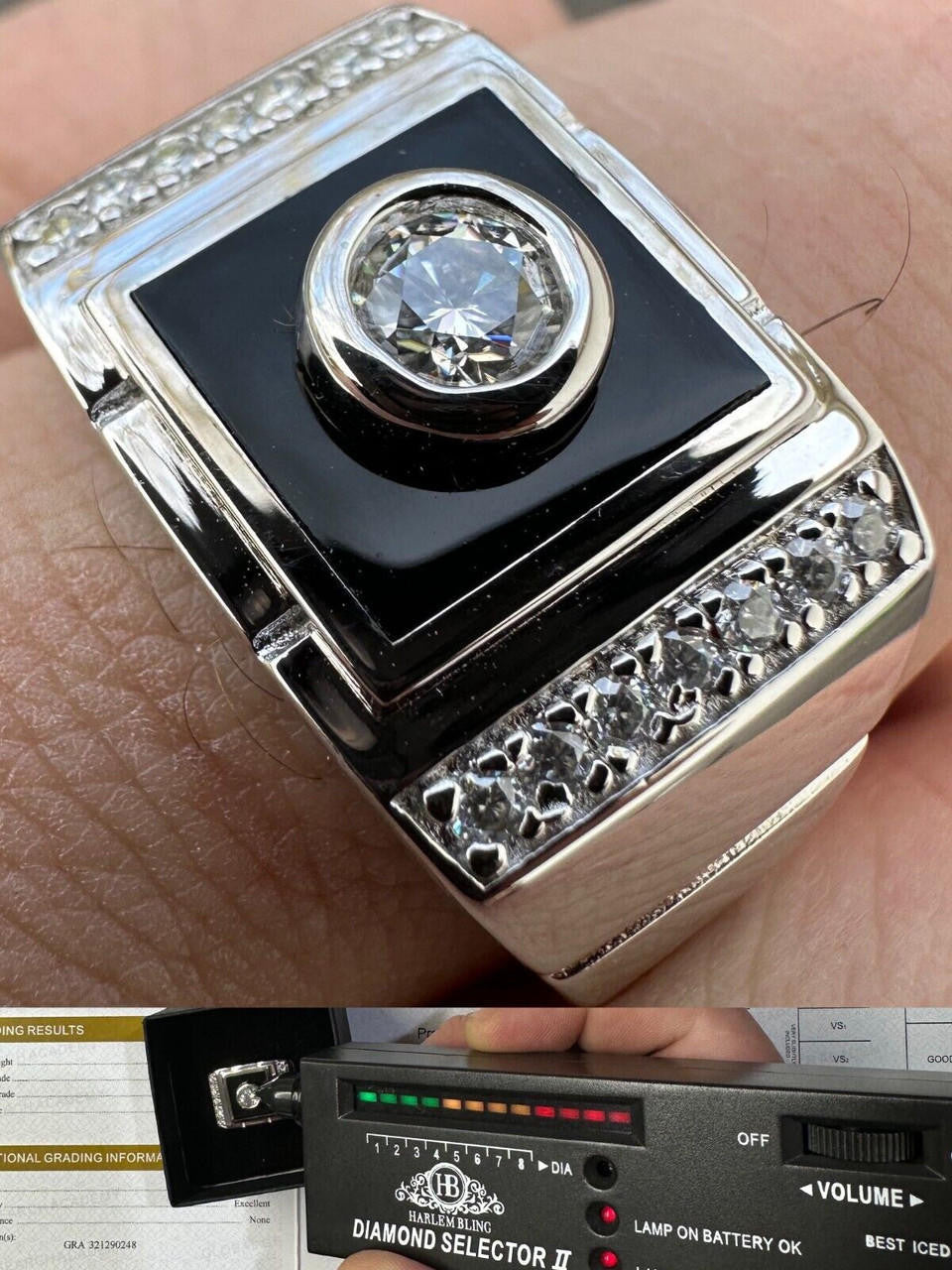 HarlemBling Moissanite Men's Real 925 Silver Iced Black Onyx Stone Ring Pass Diamond Tester