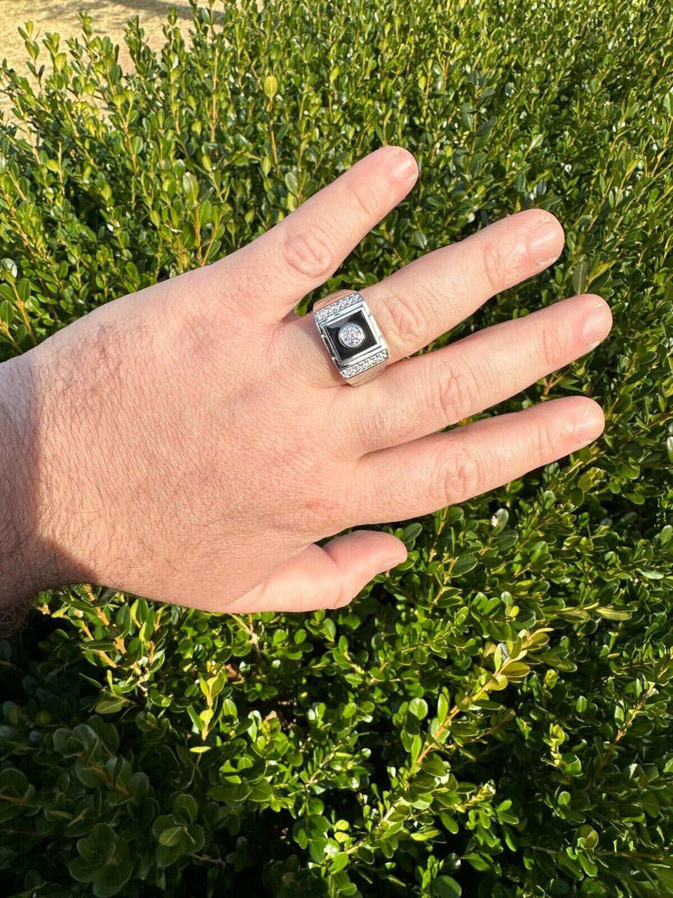 HarlemBling Moissanite Men's Real 925 Silver Iced Black Onyx Stone Ring Pass Diamond Tester